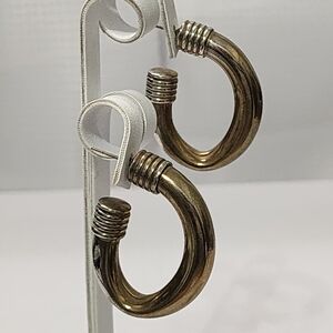 Vintage 1980s Brass Tone Tubular Hoop Earrings Chunky Pierced Hoops